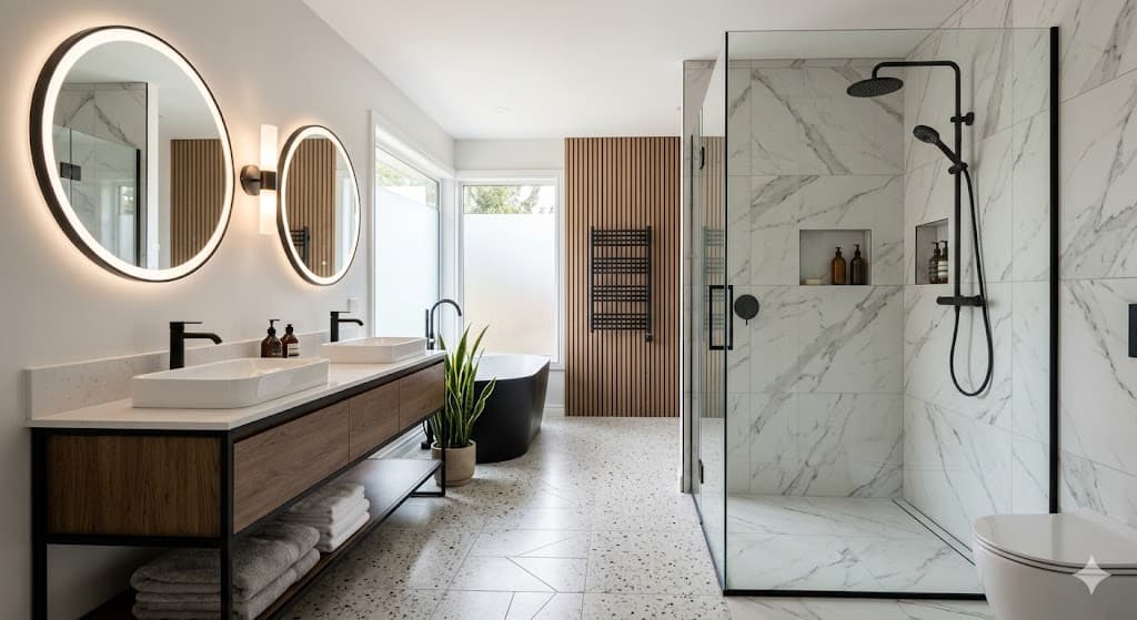 Modern bathroom remodel in Pomona with walk-in shower