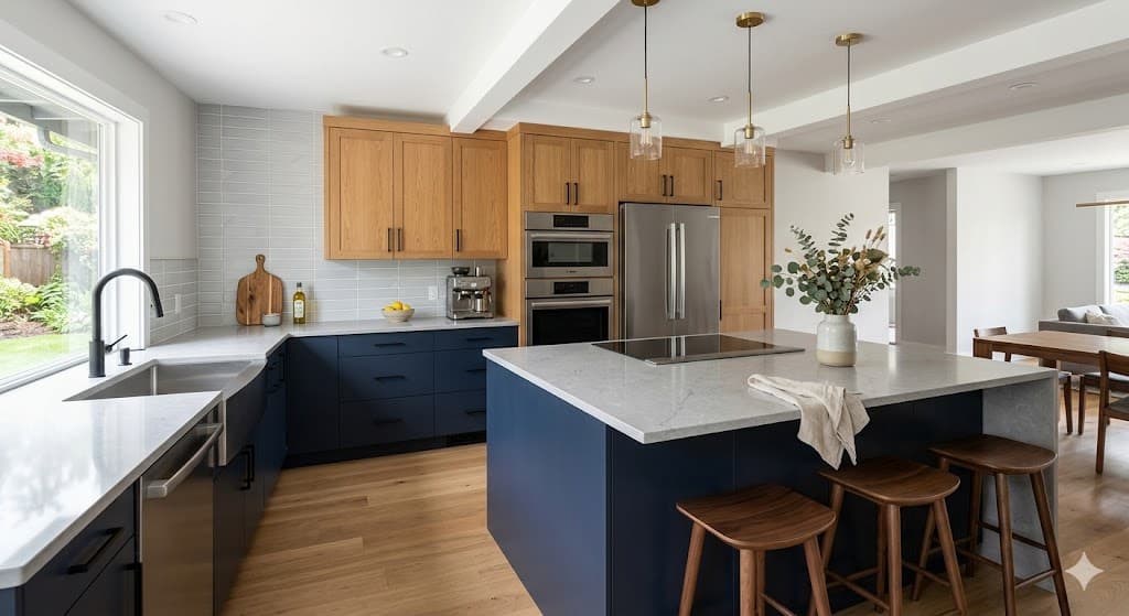Modern kitchen remodel in Pomona with island and quartz countertops