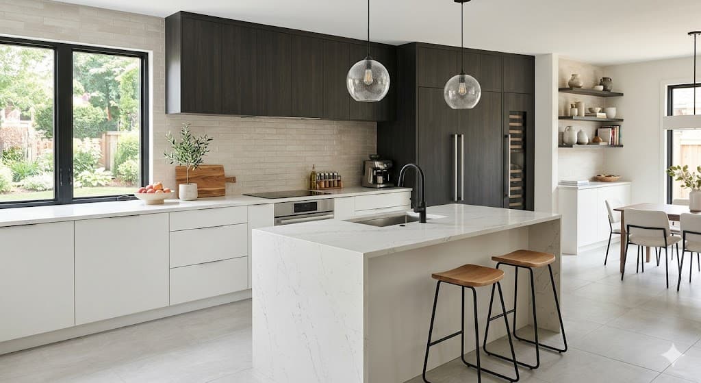 Custom kitchen cabinetry and backsplash in Pomona home